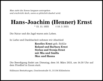 Traueranzeige von Hans-Joachim Ernst von Hildesheimer Allgemeine Zeitung