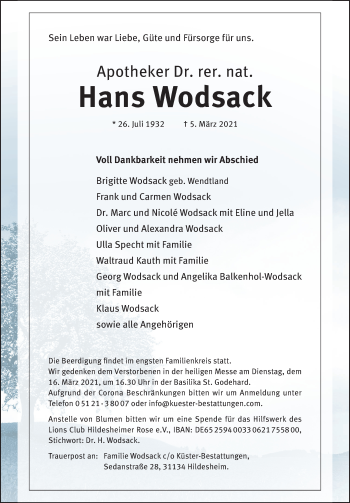 Traueranzeige von Hans Wodsack von Hildesheimer Allgemeine Zeitung