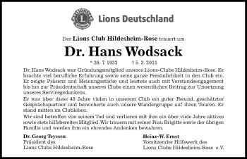 Traueranzeige von Hans Wodsack von Hildesheimer Allgemeine Zeitung