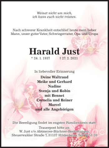 Traueranzeige von Harald Just von Hildesheimer Allgemeine Zeitung
