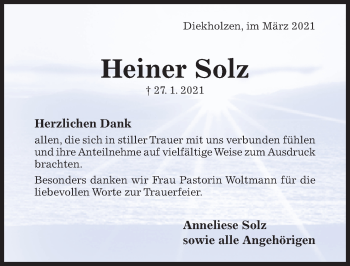 Traueranzeige von Heiner Solz von Hildesheimer Allgemeine Zeitung