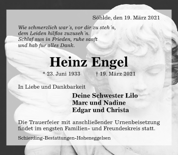 Traueranzeige von Heinz Engel von Hildesheimer Allgemeine Zeitung