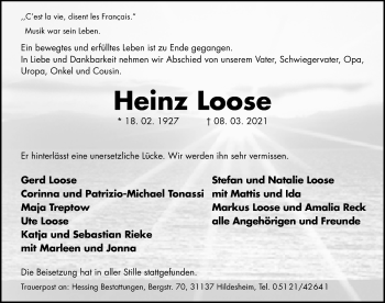 Traueranzeige von Heinz Loose von Hildesheimer Allgemeine Zeitung