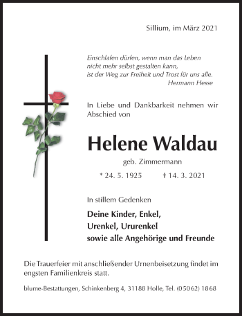 Traueranzeige von Helene Waldau von Hildesheimer Allgemeine Zeitung