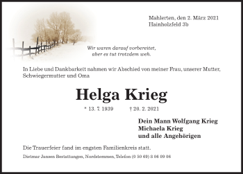 Traueranzeige von Helga Krieg von Hildesheimer Allgemeine Zeitung