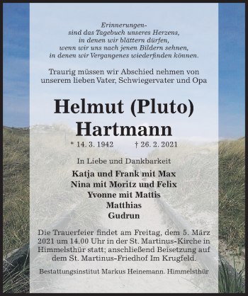 Traueranzeige von Helmut Hartmann von Hildesheimer Allgemeine Zeitung