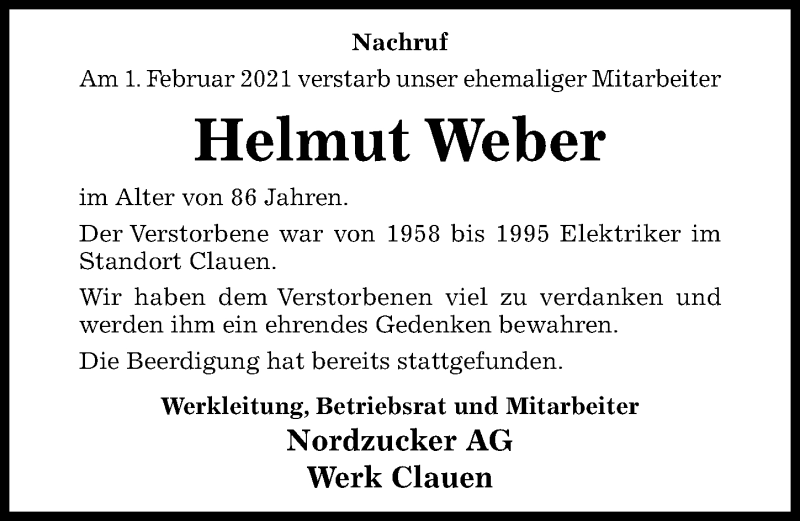  Traueranzeige für Helmut Weber vom 06.03.2021 aus Hildesheimer Allgemeine Zeitung