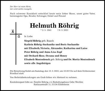 Traueranzeige von Helmuth Röhrig von Hildesheimer Allgemeine Zeitung