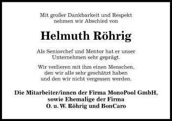 Traueranzeige von Helmuth Röhrig von Hildesheimer Allgemeine Zeitung