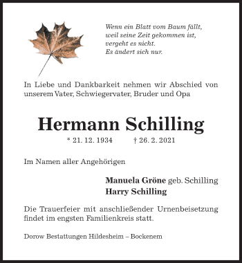 Traueranzeige von Hermann Schilling von Hildesheimer Allgemeine Zeitung