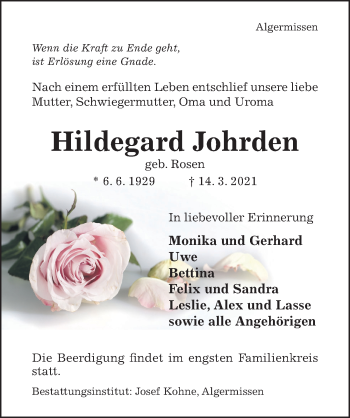 Traueranzeige von Hildegard Johrden von Hildesheimer Allgemeine Zeitung