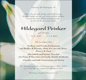 Traueranzeige von Hildegard Peisker von Hildesheimer Allgemeine Zeitung