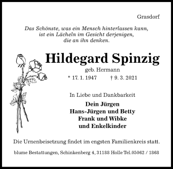 Traueranzeige von Hildegard Spinzig von Hildesheimer Allgemeine Zeitung