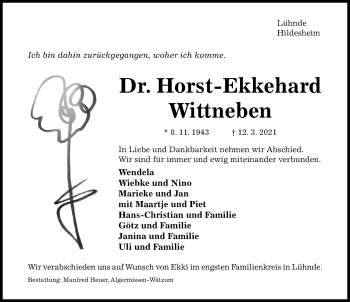Traueranzeige von Horst-Ekkehard Wittneben von Hildesheimer Allgemeine Zeitung