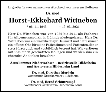 Traueranzeige von Horst-Ekkehard Wittneben von Hildesheimer Allgemeine Zeitung