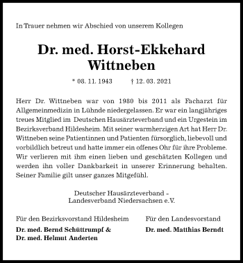 Traueranzeige von Horst-Ekkehard Wittneben von Hildesheimer Allgemeine Zeitung