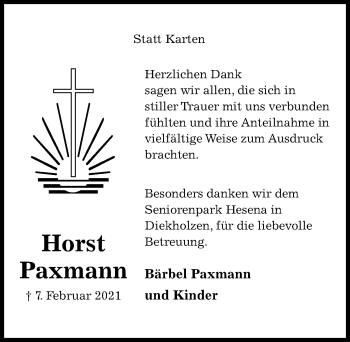 Traueranzeige von Horst Paxmann von Hildesheimer Allgemeine Zeitung