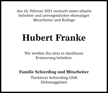 Traueranzeige von Hubert Franke von Hildesheimer Allgemeine Zeitung