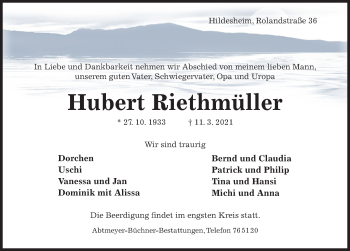 Traueranzeige von Hubert Riethmüller von Hildesheimer Allgemeine Zeitung