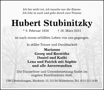 Traueranzeige von Hubert Stubinitzky von Hildesheimer Allgemeine Zeitung