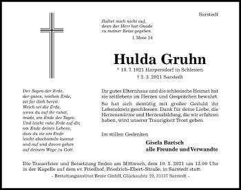 Traueranzeige von Hulda Gruhn von Hildesheimer Allgemeine Zeitung