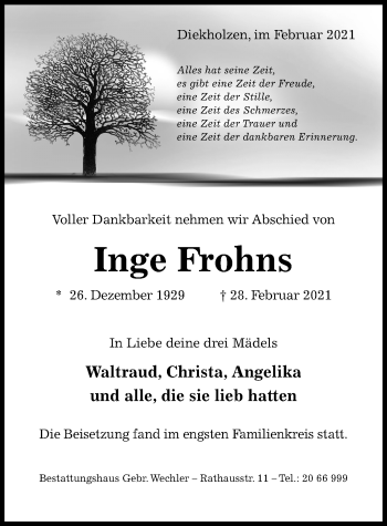 Traueranzeige von Inge Frohns von Hildesheimer Allgemeine Zeitung
