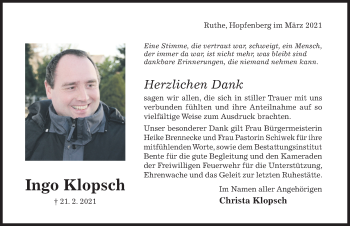 Traueranzeige von Ingo Klopsch von Hildesheimer Allgemeine Zeitung