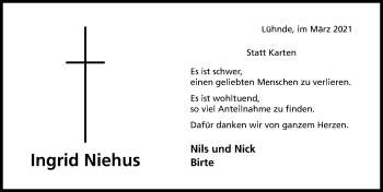 Traueranzeige von Ingrid Niehus von Hildesheimer Allgemeine Zeitung