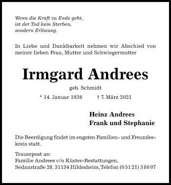 Traueranzeige von Irmgard Andrees von Hildesheimer Allgemeine Zeitung