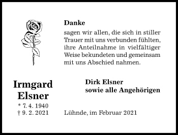 Traueranzeige von Irmgard Elsner von Hildesheimer Allgemeine Zeitung