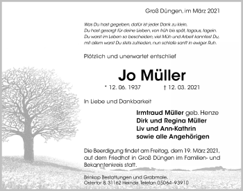 Traueranzeige von Jo Müller von Hildesheimer Allgemeine Zeitung