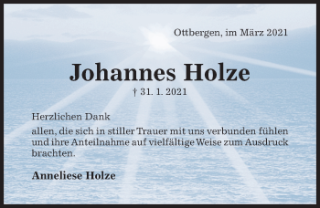 Traueranzeige von Johannes Holze von Hildesheimer Allgemeine Zeitung