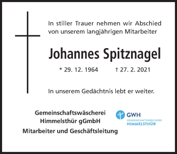 Traueranzeige von Johannes Spitznagel von Hildesheimer Allgemeine Zeitung