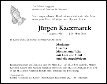 Traueranzeige von Jürgen Kaczmarek von Hildesheimer Allgemeine Zeitung