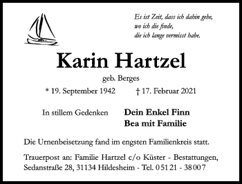 Traueranzeige von Karin Hartzel von Hildesheimer Allgemeine Zeitung