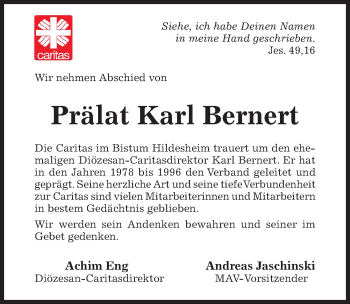 Traueranzeige von Karl Bernert von Hildesheimer Allgemeine Zeitung