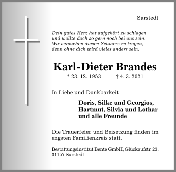 Traueranzeige von Karl-Dieter Brandes von Hildesheimer Allgemeine Zeitung