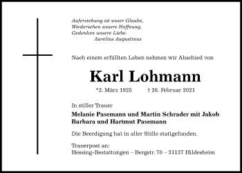 Traueranzeige von Karl Lohmann von Hildesheimer Allgemeine Zeitung