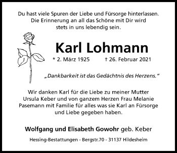 Traueranzeige von Karl Lohmann von Hildesheimer Allgemeine Zeitung