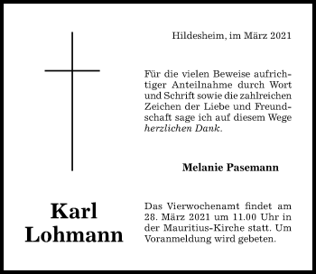 Traueranzeige von Karl Lohmann von Hildesheimer Allgemeine Zeitung