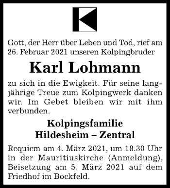 Traueranzeige von Karl Lohmann von Hildesheimer Allgemeine Zeitung