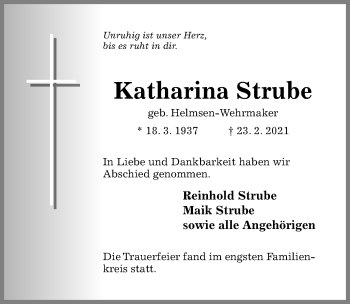 Traueranzeige von Katharina Strube von Hildesheimer Allgemeine Zeitung