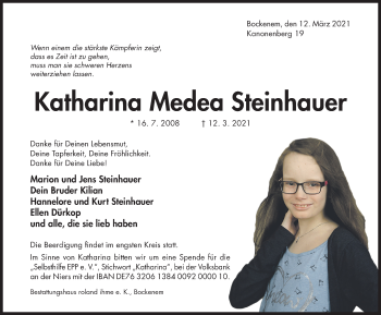 Traueranzeige von Katharina Medea Steinhauer von Hildesheimer Allgemeine Zeitung