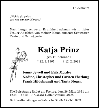 Traueranzeige von Katja Prinz von Hildesheimer Allgemeine Zeitung