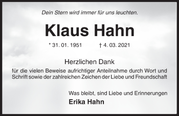 Traueranzeige von Klaus Hahn von Hildesheimer Allgemeine Zeitung