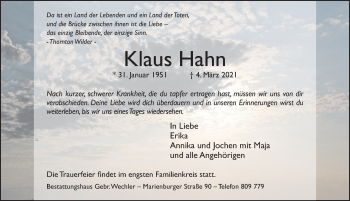 Traueranzeige von Klaus Hahn von Hildesheimer Allgemeine Zeitung