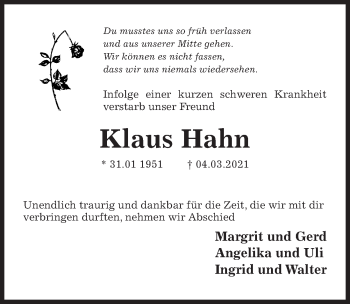 Traueranzeige von Klaus Hahn von Hildesheimer Allgemeine Zeitung