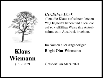 Traueranzeige von Klaus Wiemann von Hildesheimer Allgemeine Zeitung