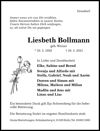 Traueranzeige von Liebeth Bollmann von Hildesheimer Allgemeine Zeitung