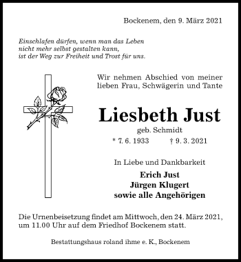 Traueranzeige von Liesbeth Just von Hildesheimer Allgemeine Zeitung